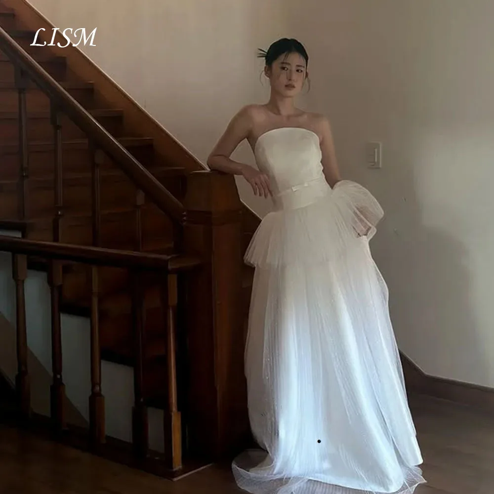 

Свадебное платье LISM без бретелек с блестящим бантом на талии, корейское бальное платье для фотосессии, многоярусное, в стиле принцессы, в пол, на заказ