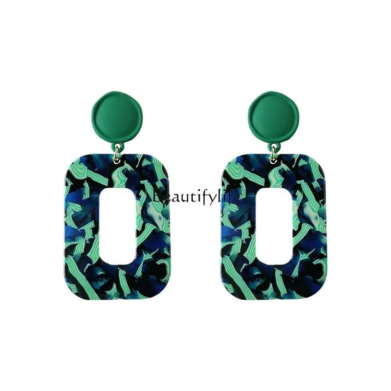 Retro Square Earrings for Women, Hong Kong Style, Blue and Green Color Matching, Acrylic, High-Key, Dignified Fashion