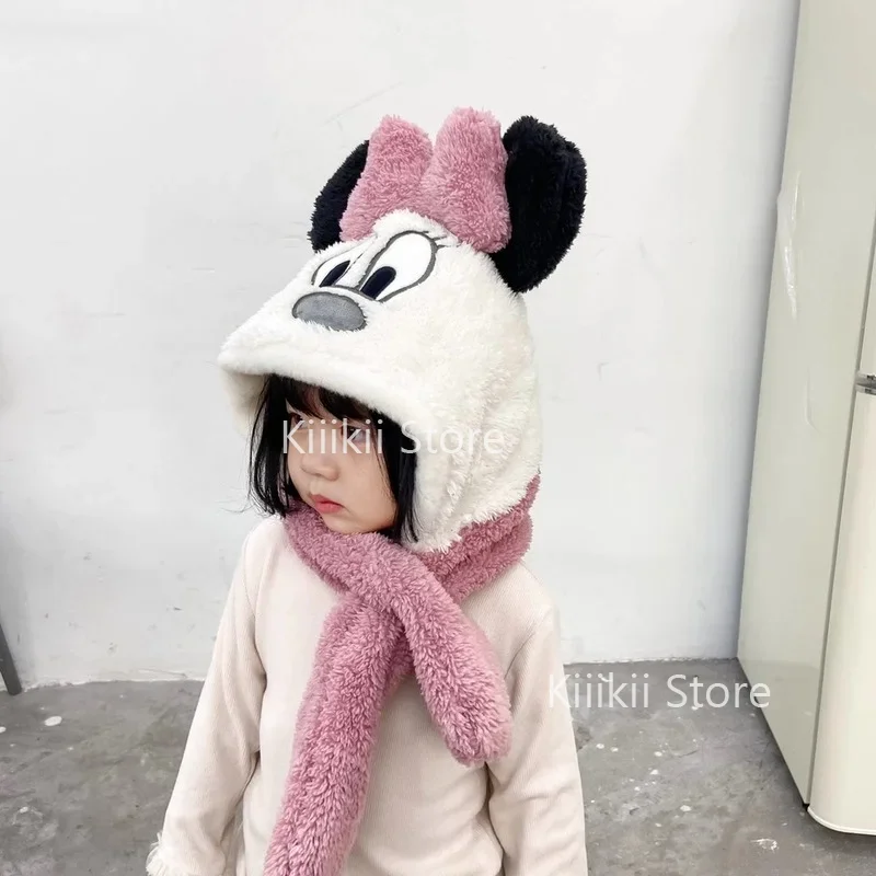 Disney Minnie Cartoon Plush Animal Faux Fur Full Hood Hat Women Girls Kids Costume Beanie with Long Scarf  Earmuffs Cute for Boy