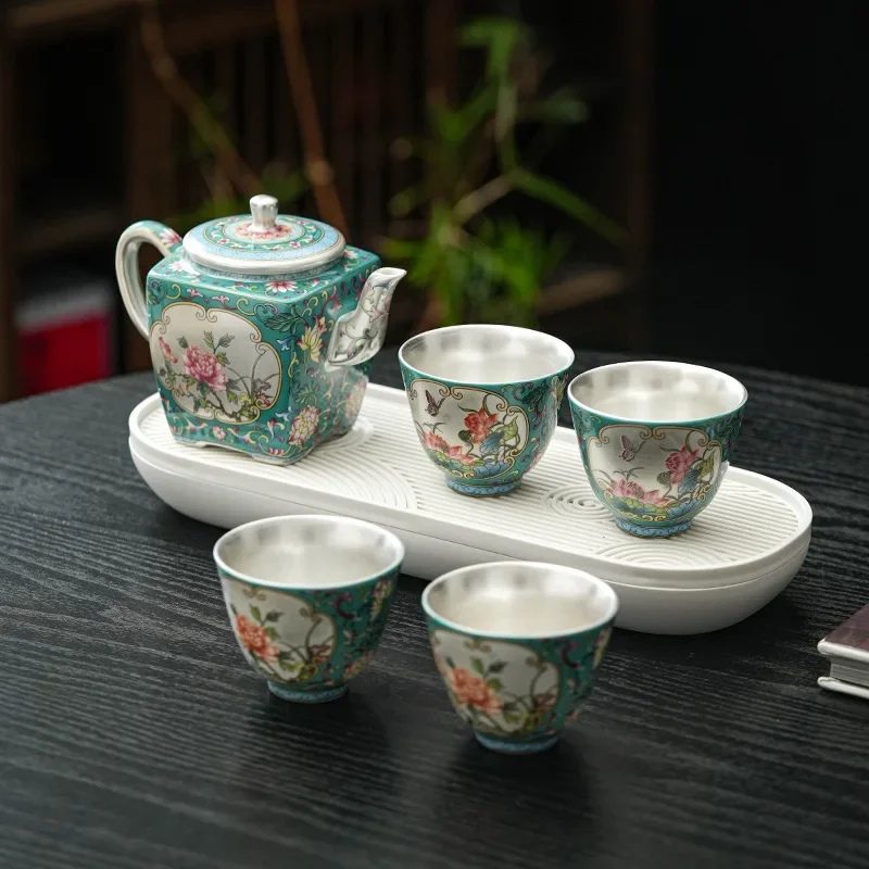 Unique Camping Tea Ceremony Set Luxury Tea Tools Gilt Silver  Set Enamel Kung Fu  Set Teapot One Pot Four Cups Gift Box