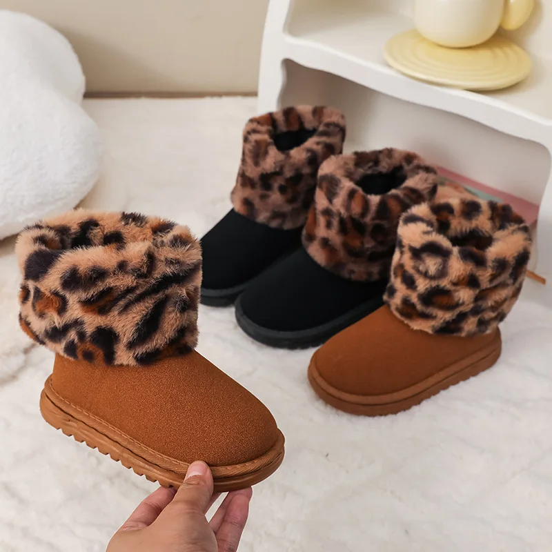 Boys Girls Winter Fleece Leopard Print Snow Boots Kids Non-slip Cotton Shoes Baby Soft Sole Warm Casual High-top Boots Children