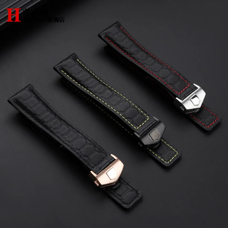 جديد 22 مللي متر لعلامة heuer كاليرا موناكو F1 حزام ساعة من الجلد الطبيعي خط أحمر جلد البقر نشر مشبك الرجال حزام ساعة اليد اكسسوارات