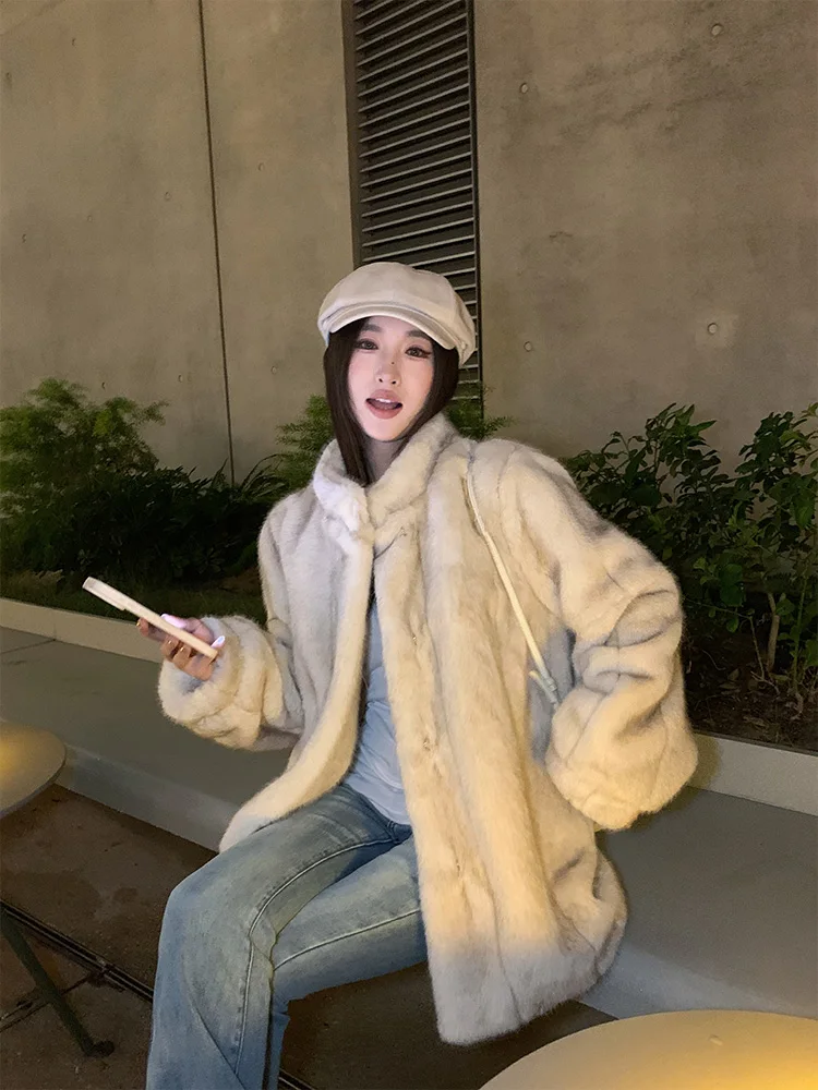 2025 New Fashionable Women Mink Faux Fur Coat Solid Female Turn Down Collar Winter Warm Fake Fur Lady Coat Casual Jacket Wh67