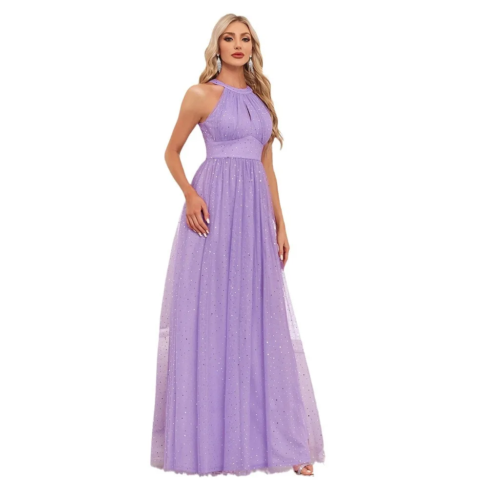 

2024 New Shiny Sleeveless Halter Bow Mesh Long Evening Dress Purple