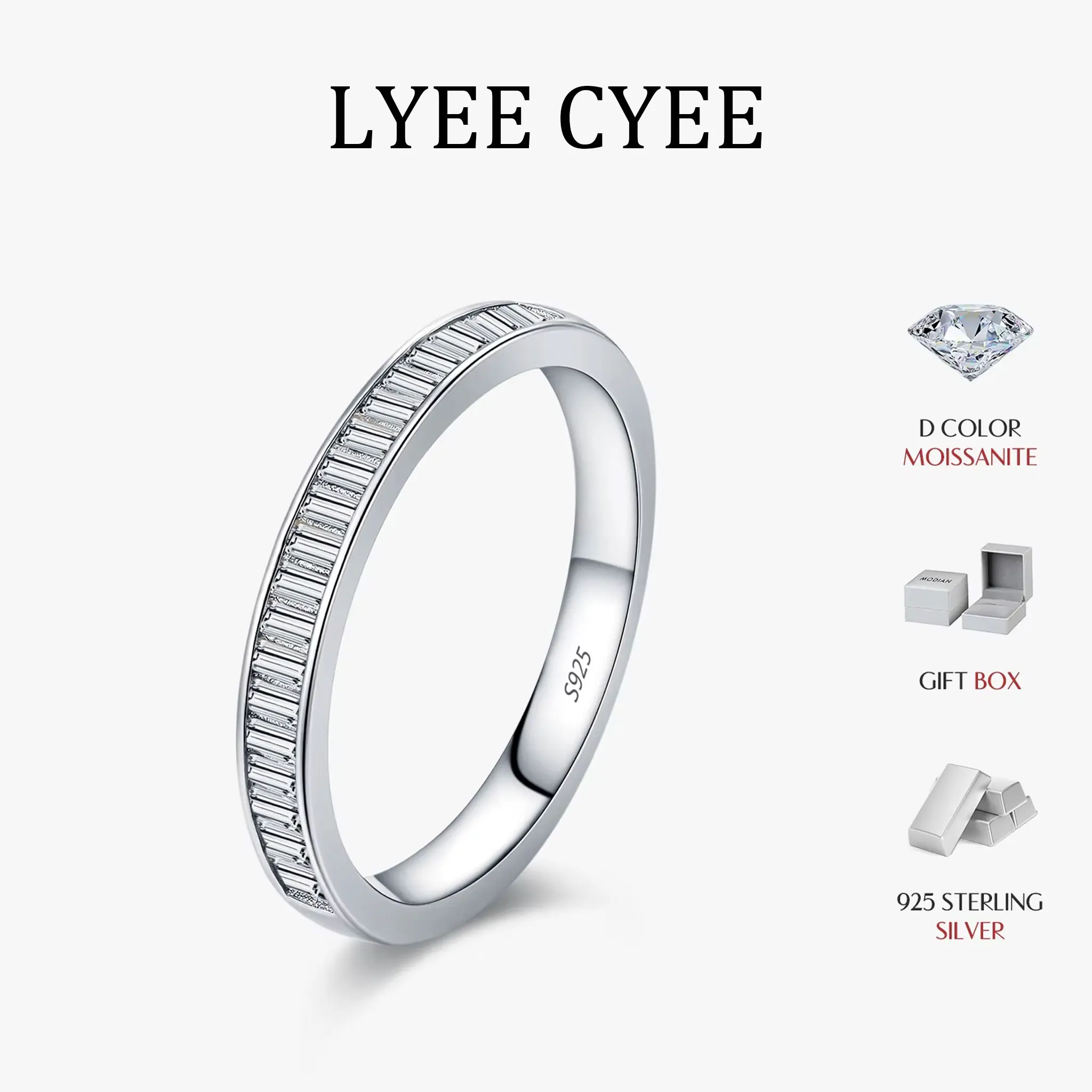 

LYEE CYEE Dazzling D Color Rectangle Moissanite Stackable Rings 925 Sterling Silver Eternity Band Rings For Women Fine Jewelry