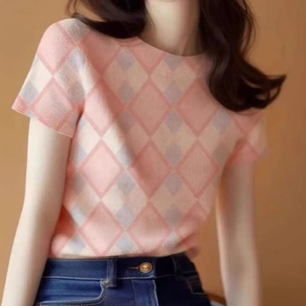 

Летние взрывы плиссированный топ Pure Sweet Chic клетчатая трикотажная футболка с короткими рукавами женская модная верхняя одежда