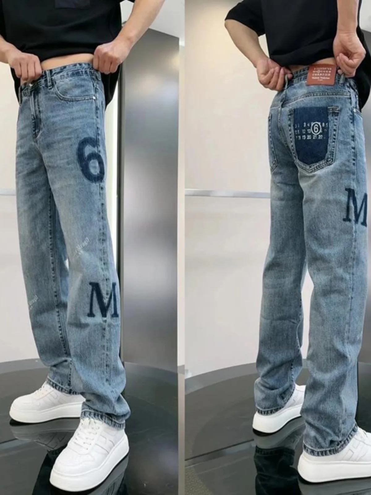 

High Street Sle American Letter Men's Jeans Summer Faion Versatile Slim Straight Casual Pants mid Waist Zipper Fly