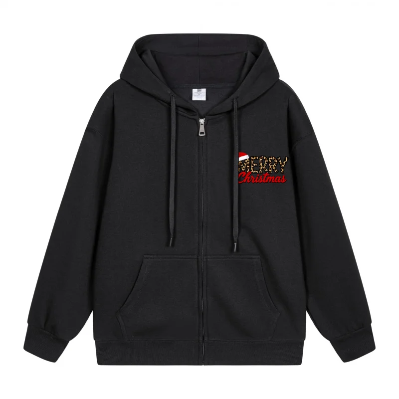 

Men's Zip-Up Hoodie Black Hoodie Black Hoodie With Red Merry Christmas Print Design Christmas in 2025 Festive Print