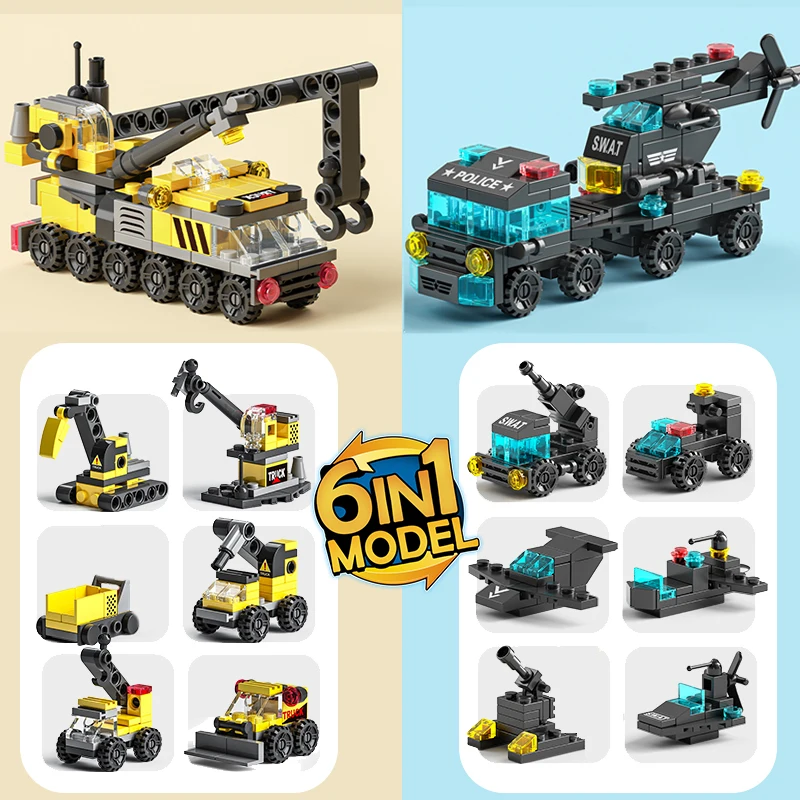 

6IN1 Building Blocks City Fire Car Police Truck Engineering Crane Tank Helicopter Bricks Set Toys for Children Kids