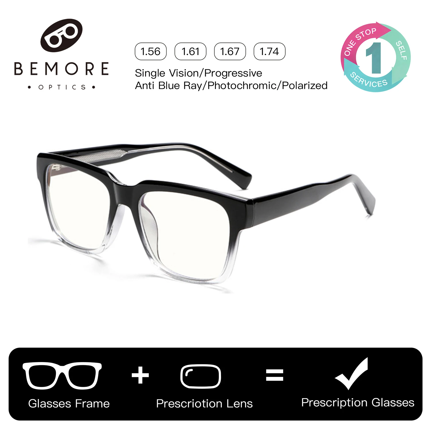 

BEMORE Square Acetate Prescription Glasses Graduated Lenses Photochromic Anti Blue Light Women Myopia Optical Eyewear