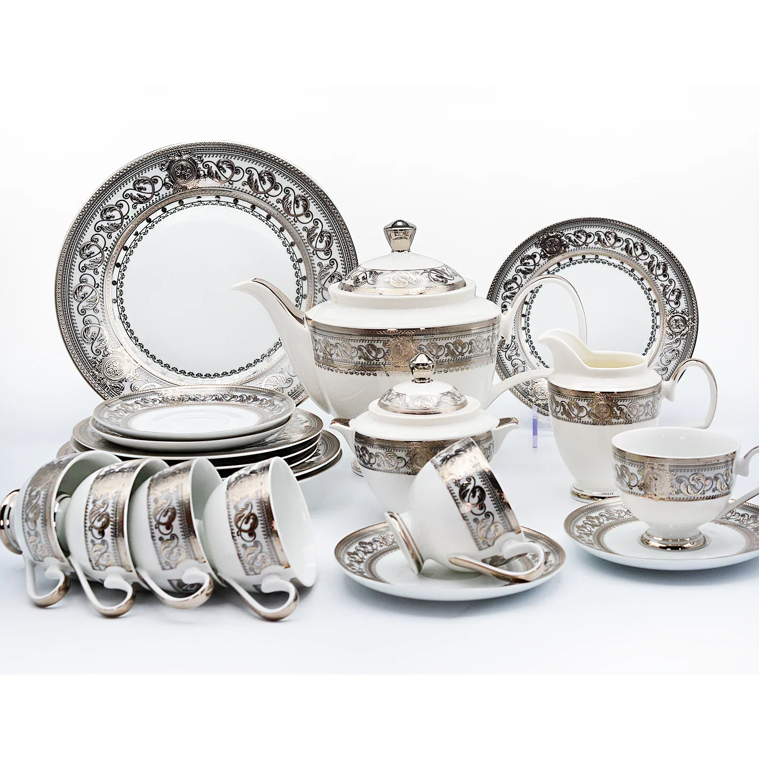 Wholesales custom hotel weeding luxury 98 pieces silver design  European style fine bone china ceramic dinnerware sets