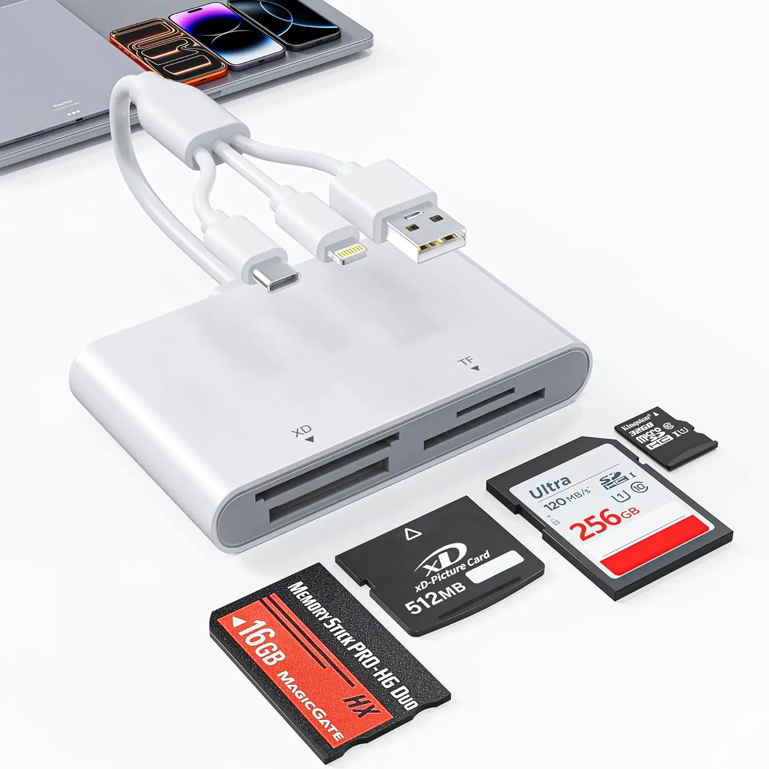 

4-in-1 Memory Card Reader with Lightning/USB-C/USB-A OTG Adapter for iPhone, Android, and PC