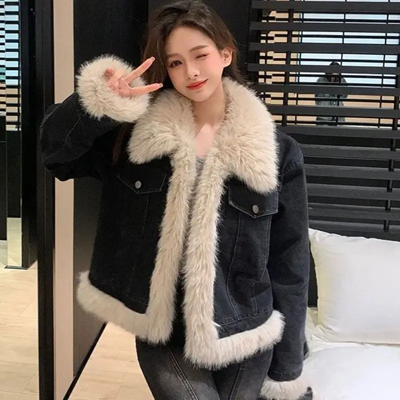 Autumn And Winter New Thickened Short Cotton-padded Jacket Woolly Denim Coat Feel Fried Street Senior Lamb Splicing Top