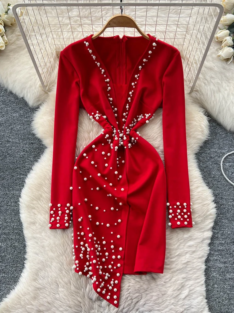 

Вечернее платье женское, модное, с богатой вышивкой, V-образным вырезом, длинными рукавами, приталенное, асимметричное, облегающее.