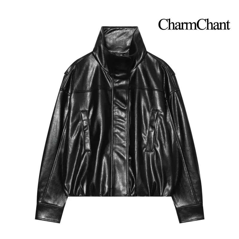 CHARMCHANT Women's Faux Leather Jacket Stand Collar Zip Up Loose Fit Cropped Biker Outerwear Coat For Daily Streetwear Fall 2026