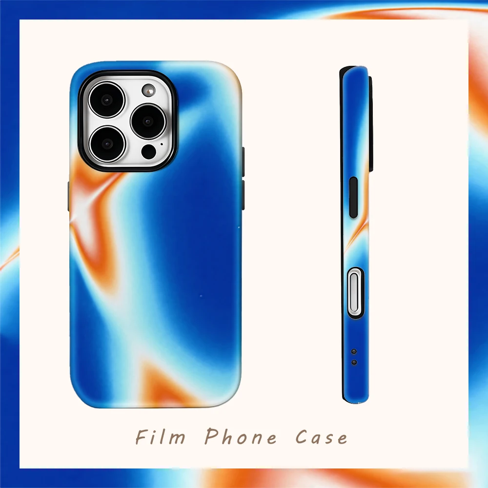 Fluid Waves Blaue und orangefarbene Handyhülle für iPhone 17AIR 16E 16 15 14 13 12 11 17 Pro Max Plus Doppelschichtige Rückseite