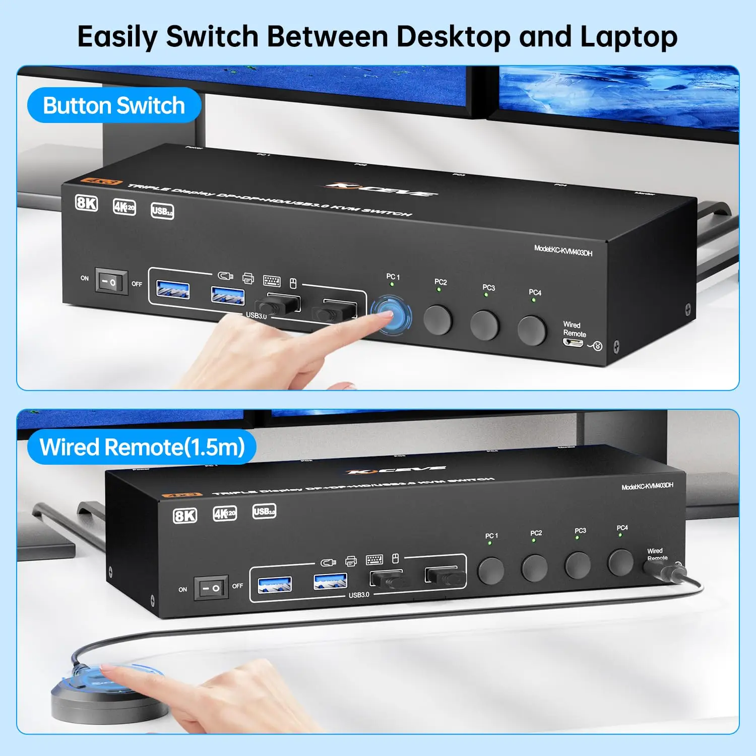 KCEVE KVM Switch 3 Monitors 4 Computers 8K,2 Displayport+1 HDMI
