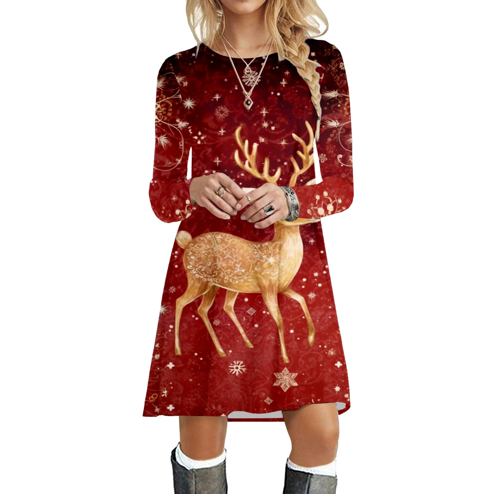 Autumn Winter Christmas Deer Pattern Fashion Women Mini Dresses Long Sleeve 3D Printed Street Hip Hop Ladies Christmas Dress