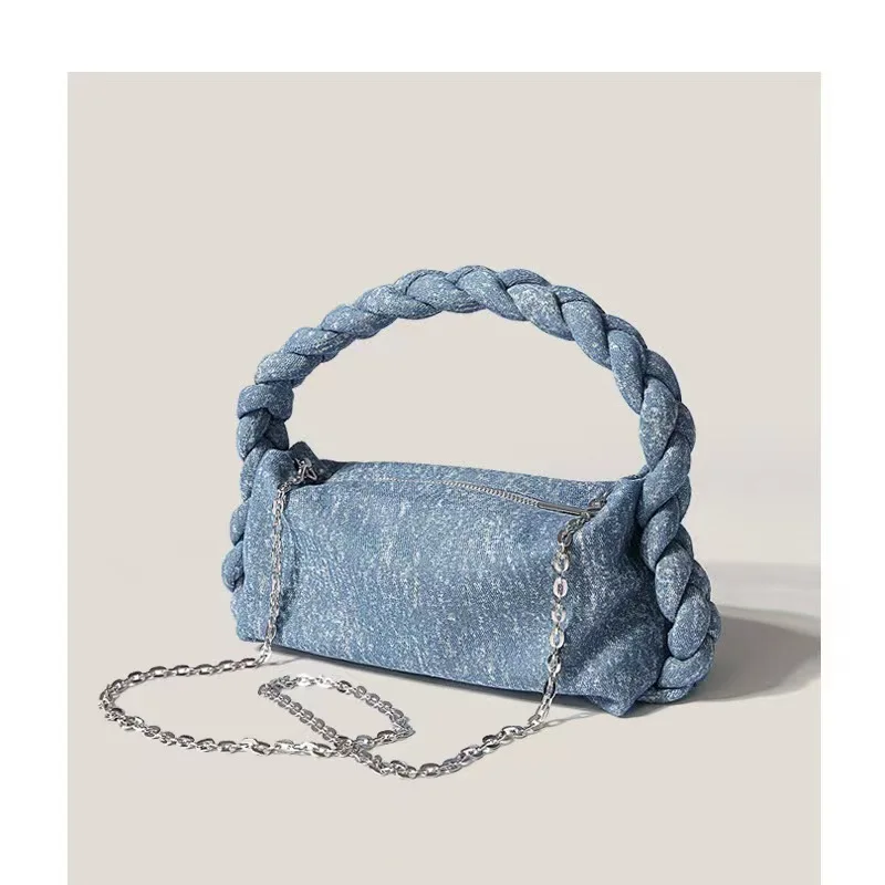 

Fashionable denim armpit bag niche design personalized braided twist versatile braided handbag cloud chain shoulder crossbod bag