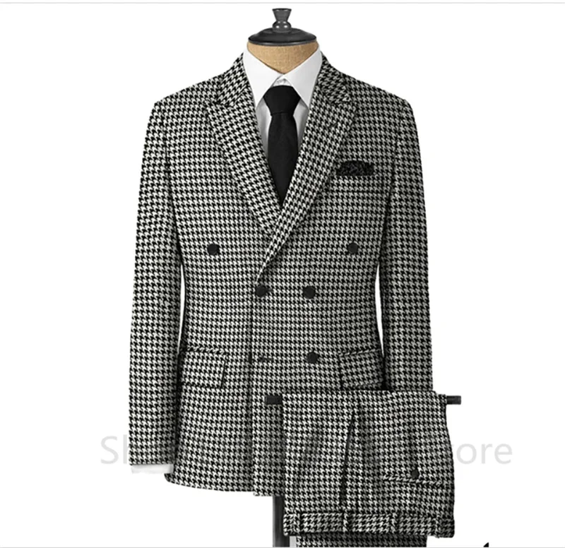 Check Houndstooth Men Suits for Groomsmen with Peak Lapel 2 Pieces Wedding Tuxedo Casual Plaid Man Fashion Jacket Pants