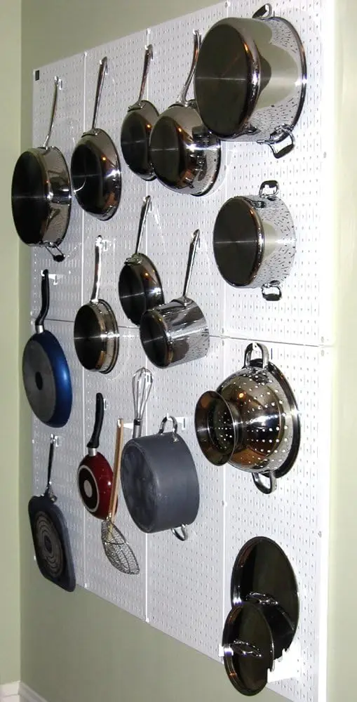 

Kitchen Pegboard Organizer Pots And Pans Storage Rack Organization Kit With White Pegboard And White Accessories