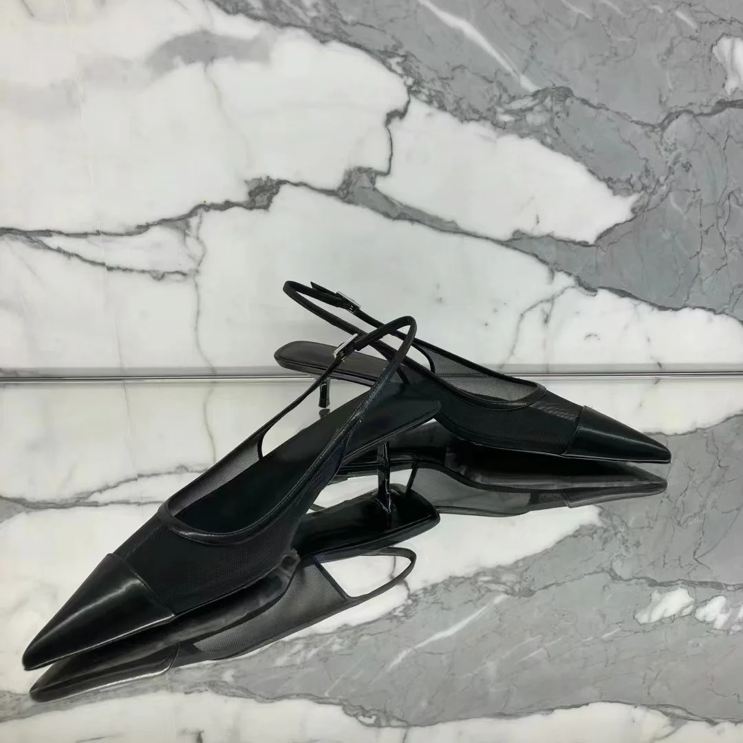 Black satin fine follow-up shoes for women in summer 2026, with a buckle strap and sandals, pointed commuter high heels