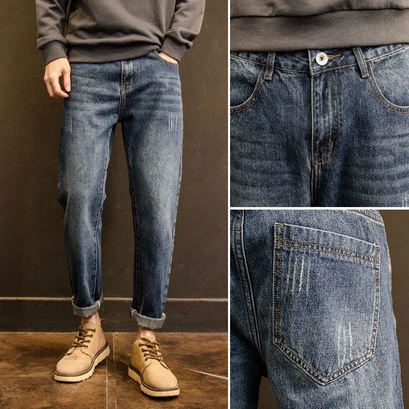 Korean Popular Clothes Men's Jeans Spring Summer Loose Straight-leg Simple Trend Versatile Cargo Casual Long Pants Work Trousers