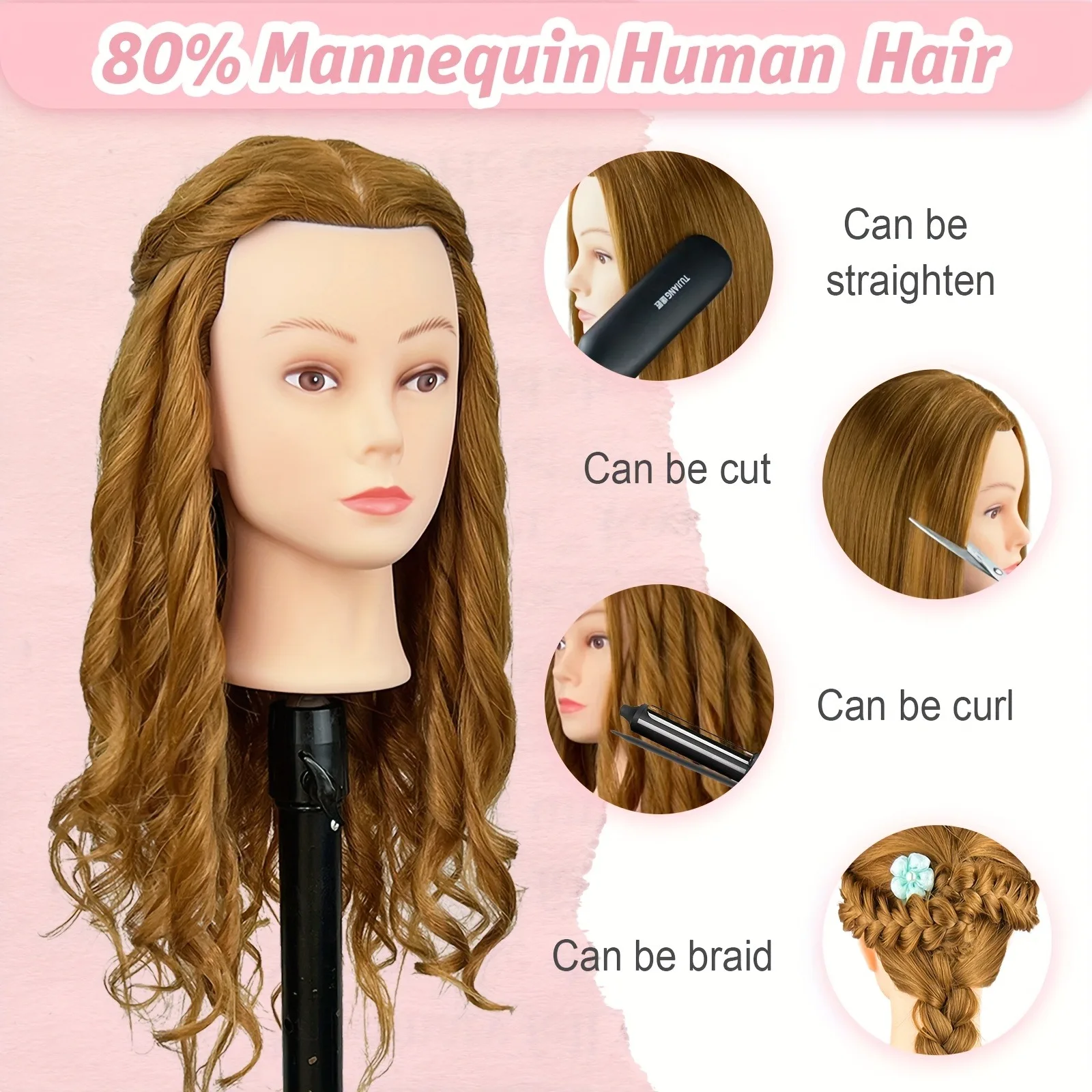 Realistic Mannequin Head with 80% Real Hair Professional Hairdressing Training Doll With Hair Tools For Beauty School Practice