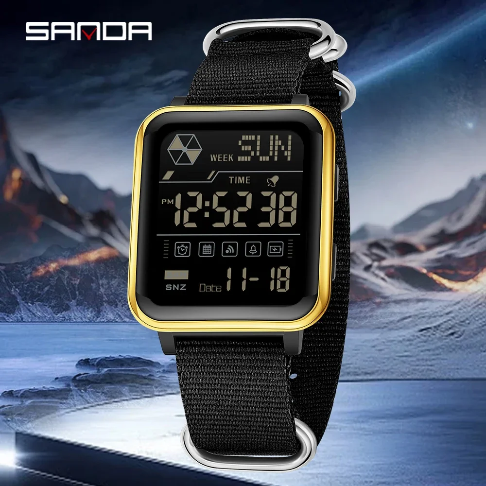 SANDA Youth Sports Electronic Watch for Men and Women 5ATM Waterproof Multi Functional Ultra Thin Couple Watch Nylon Strap