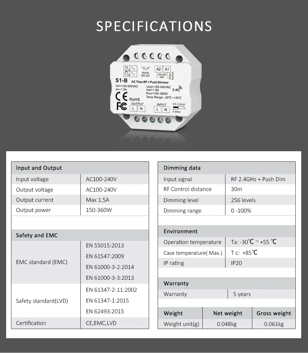 AC Triac LED Dimmer 220V 230V 110V with 2.4G Wireless RF Touch Remote Control Lamp Push PWM Dimmer Switch S1-B Dimming for Home
