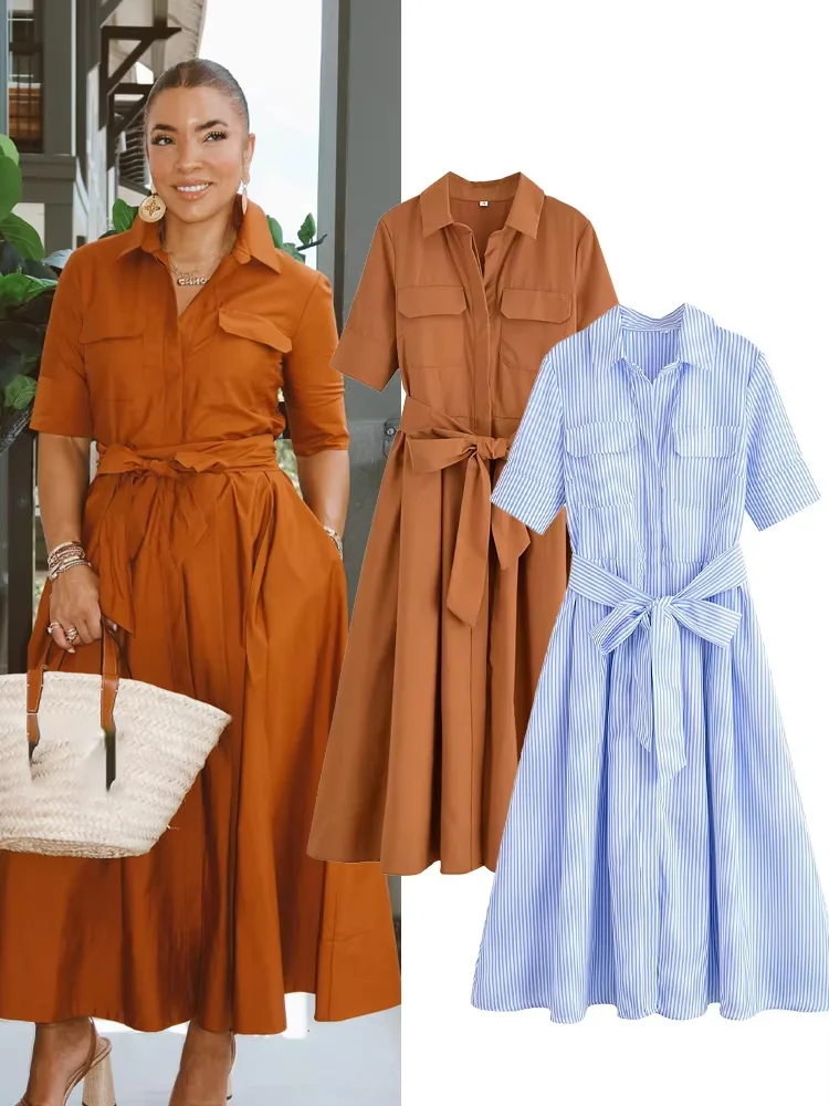 HH-vestido Midi de manga corta con cinturón de solapa holgado para mujer, vestido largo Sexy liso con bolsillo elegante, novedad de verano 2025