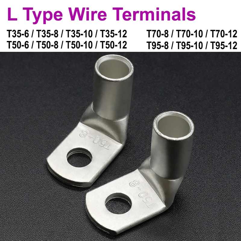 1/5pcs L-type Wire Terminal Right Angle 90 Degree Bend Nose T35/50/70/95-6/8/10/12 Tinned Copper Cable Crimp Lugs Connector