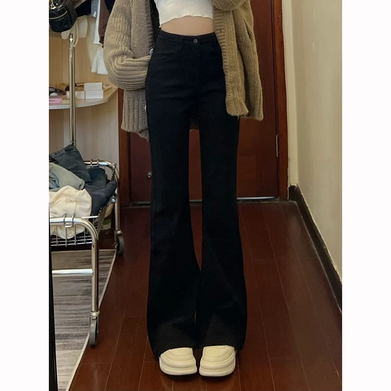 

Hot Sale Classic Female Straight Leg Jeans Lady High Waist Solid Flared Denim Trousers Women Fashion Leisure Daily Pants