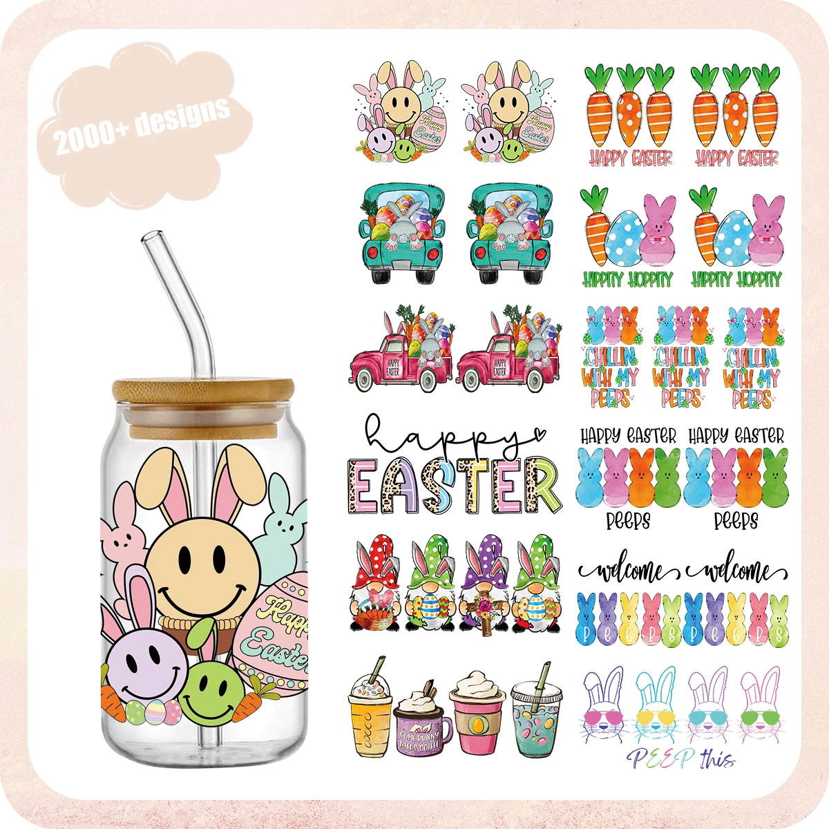 Wholesale Custom Easter Ready to Ship 16oz Glass Can Tumbler Wrap UV DTF Cup Wrap Transfers