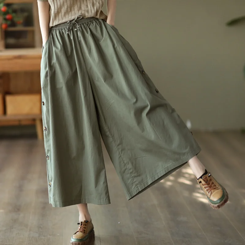 

NINI WONDERLAND 2023 Autumn Cotton Casual Ankle Length Pants Summer Women's Button Patchwork Elastic Waist Loose Wide Leg Pants