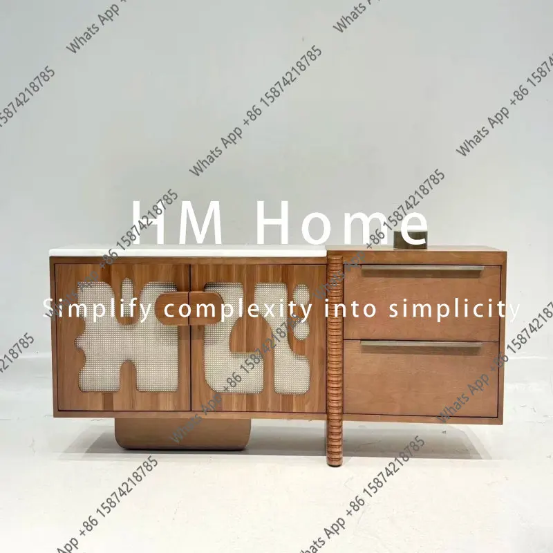 Medieval minimalist style modern household solid wood TV cabinet rattan door panel drawer locker log color