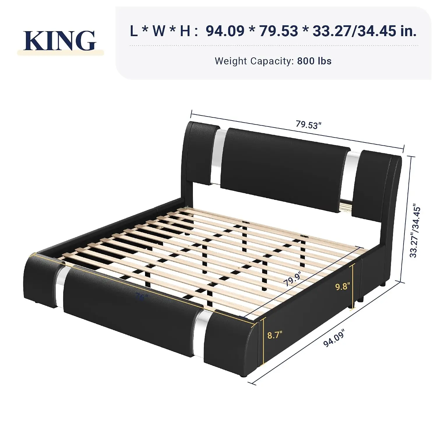 King Size Bed Frame with Iron Piece Decor, Faux Leather Upholstered Platform Bed with Curved Adjustable Headboard, Wooden Slats