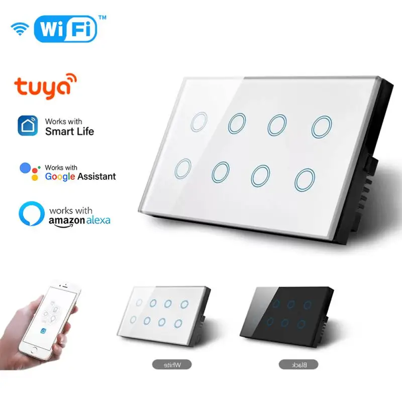 

Tuya WiFi Smart Light Switch 8 Gang Touch Wall Switch 147*86mm Glass Panel with Power Outage Memory Work with Alexa Google Home