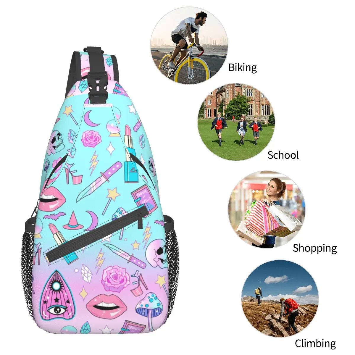 Girly Pastel Witch Sling Bags Chest Crossbody Shoulder Backpack Hiking Travel Daypacks Goth Pattern School Bags