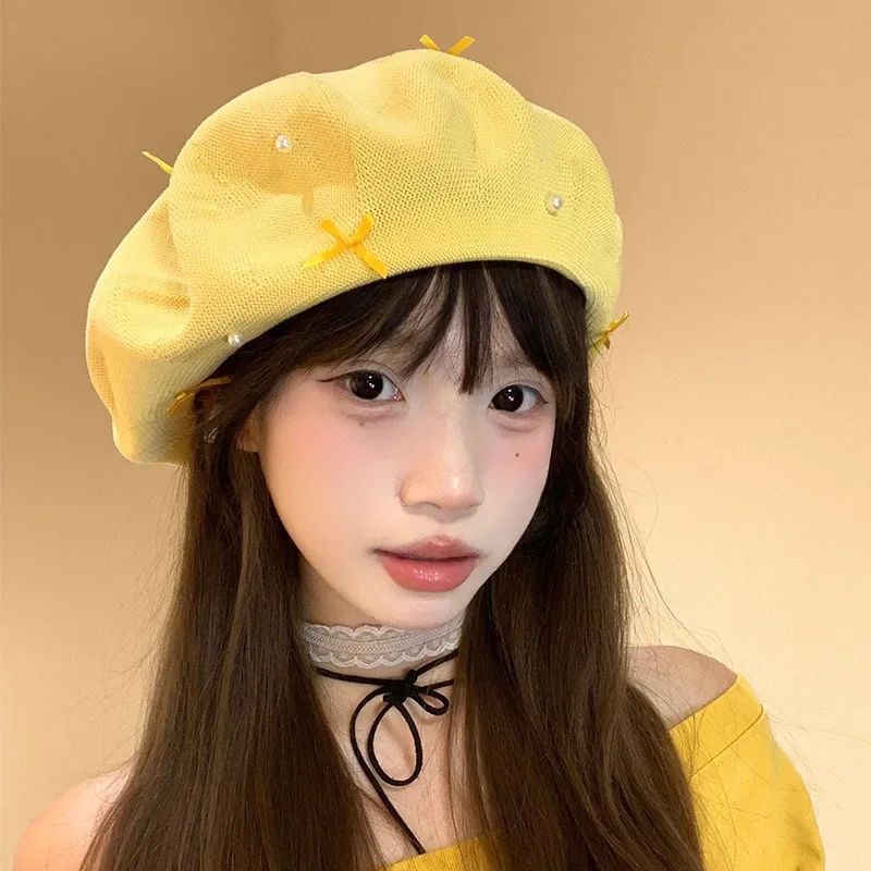 Korean Sweet Bow Yellow Beret Women Summer Thin Cut Out Hollow Breathable Face Enhancing Artist Hat Newsboy Cap
