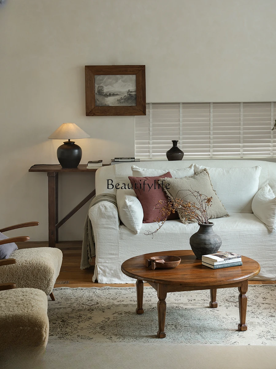 オールドポメロコーヒーテーブル\わびさびレトロスタイルオール無垢材ラウンドベッドアンドブレックファストリビングルームティーテーブル