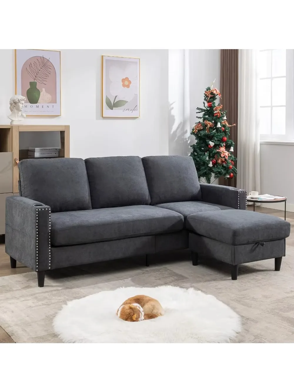 

Convertible Sectional Couches for Living Room, L-Shaped Couch 3 Seats Sofas with Storage Chaise & 2 Cup Holders, Small Sofa for