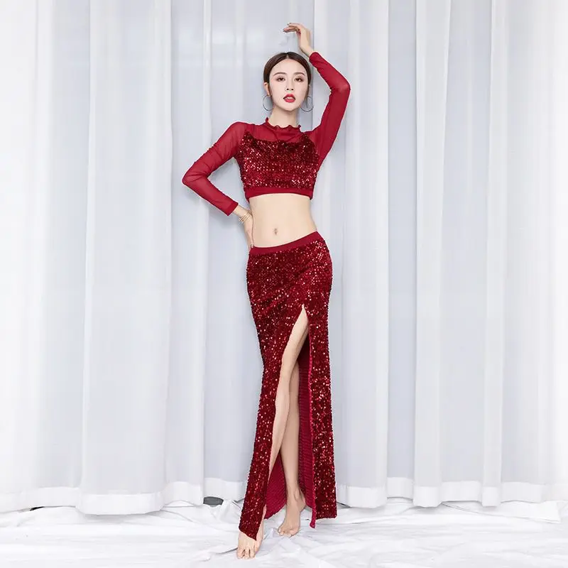Y2k Sexy Bodycon Outfit Women Two-piece Set Sequin Crop Top Long Sleeves Skirt Set Belly Dance Performance Costume Dance Skirt