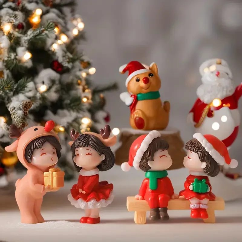 1-10Sets Christmas Couple Figurines DIY Decorative Accessories Creative Desk Ornaments Holiday Gifts Mini Tabletop Decor