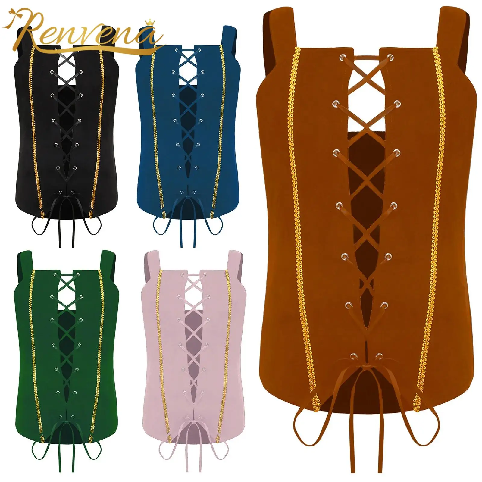 Girls Vintage Pirate Cosplay Vest Lace-up Gold Trim Suede Waistcoats Victorian Costume Children Halloween Theme Party Clothes