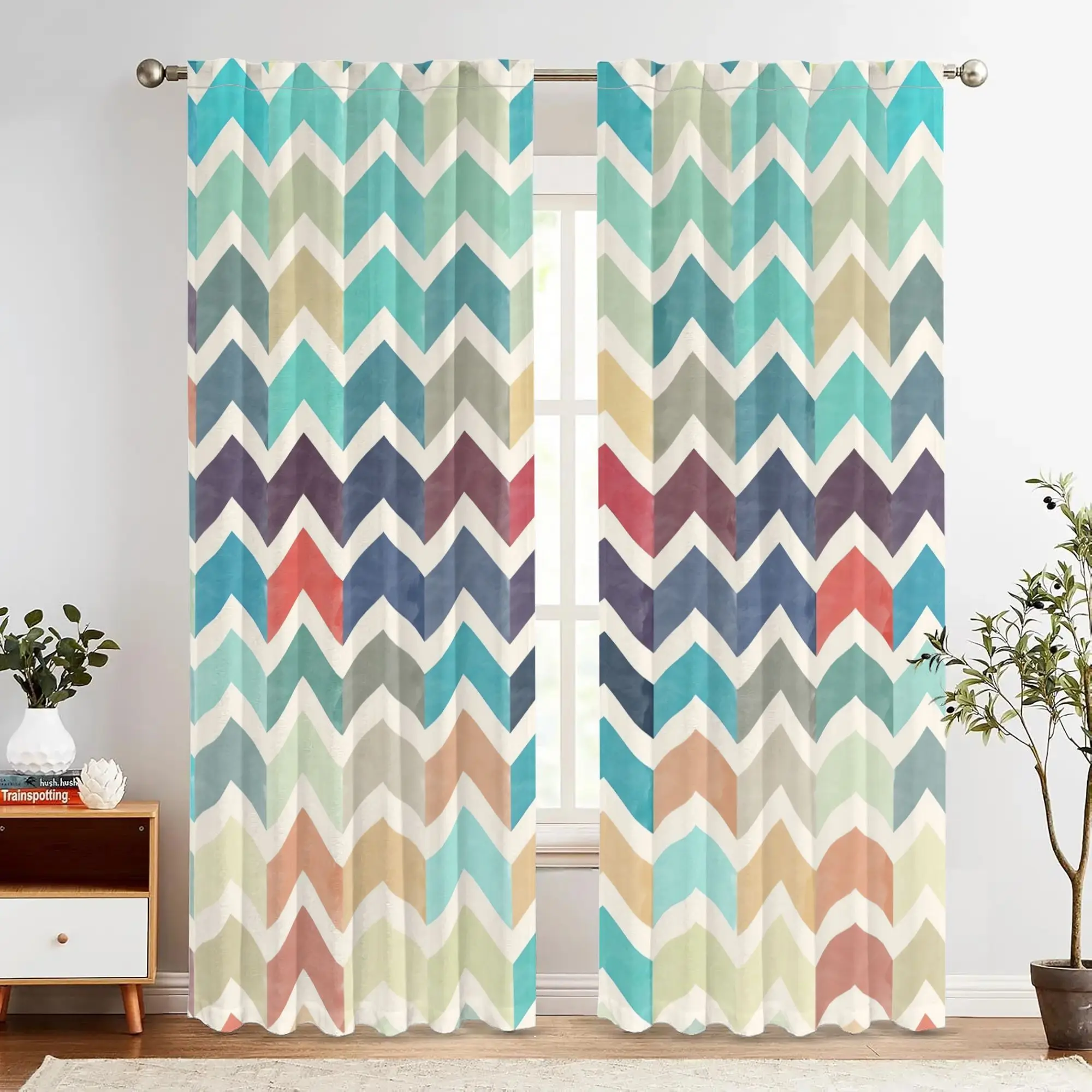 Modern Geometric Chevron Curtains 2pcs Pair Living Room Window Drapes Boho Style Multi Color Teal Navy Neutral Home Decor Curtai