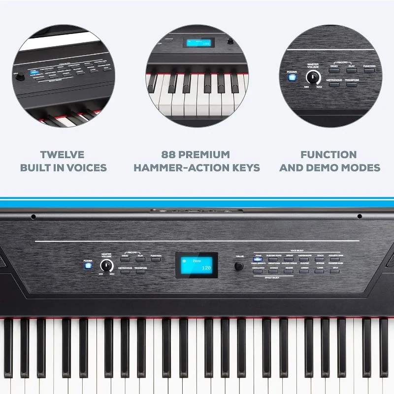 Recital Pro - 88 Key Digital Piano Keyboard with Hammer Action Weighted Keys, 12 Voices, M-Audio Sustain Pedal and HDH40