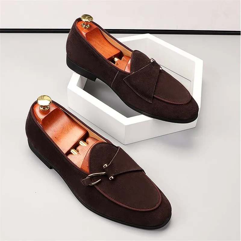 Zapatos informales de ante para hombre, mocasines de cuero genuino con hebilla, ligeros y cómodos, para fiesta y boda