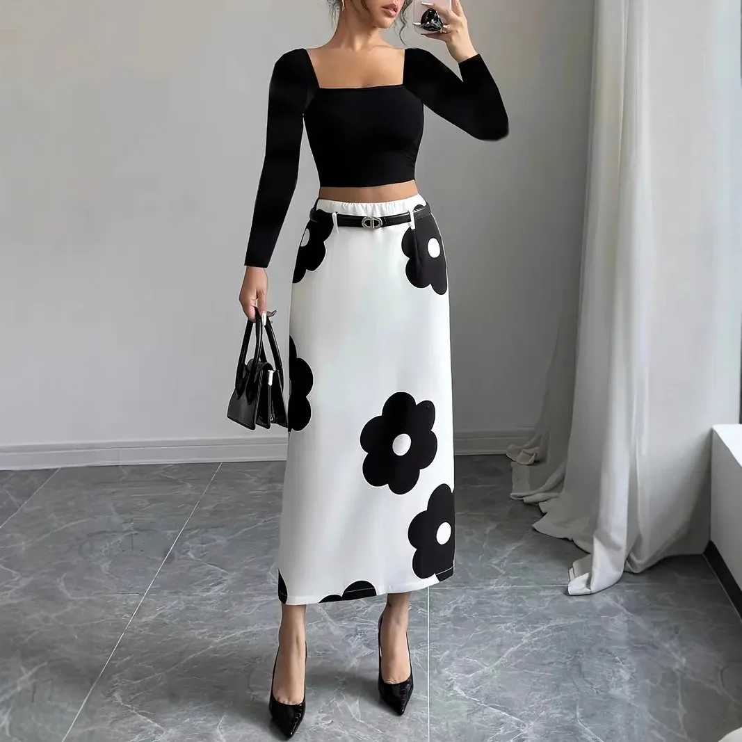 2025 New Women's Temperament Floral Print Skirt Fashionable and Versatile Without Belt Included