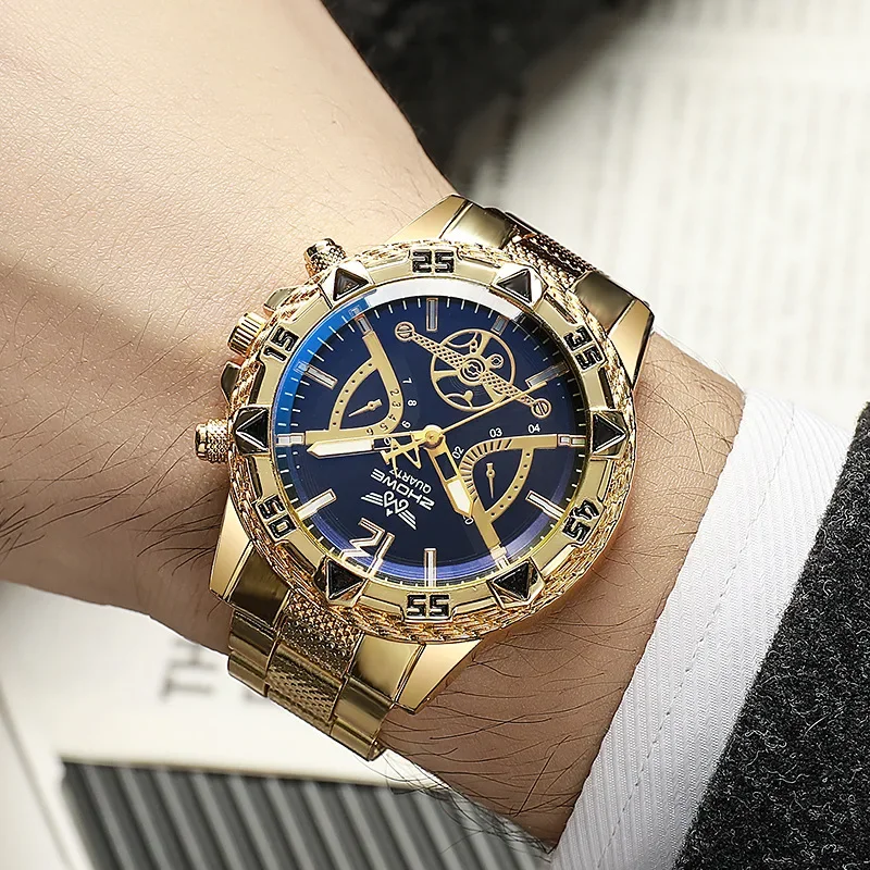 AAABC6pieces cross-border foreign trade new business leisure fashion large dial alloy steel strip blue light quartz men's watch